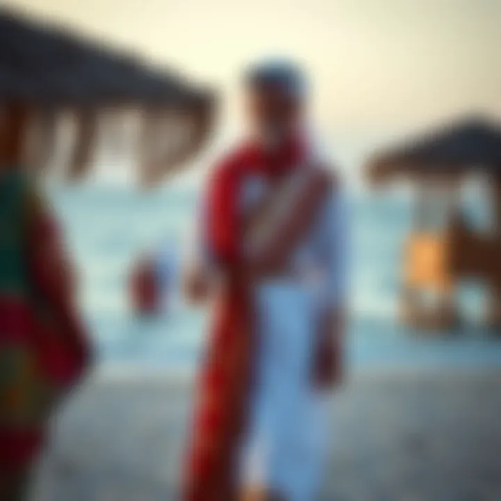 Traditional attire displayed against the backdrop of a beach