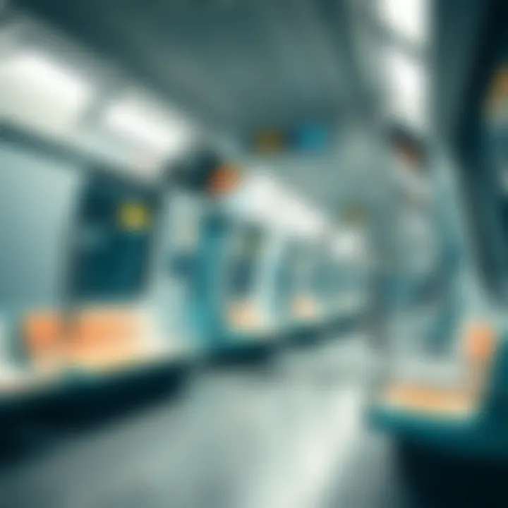 An interior shot of a modern Blue Line Metro train in Dubai