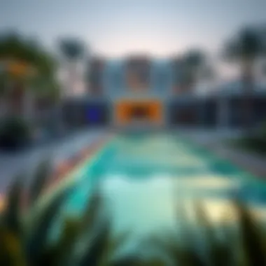 Luxurious swimming pool area adorned with tropical landscaping