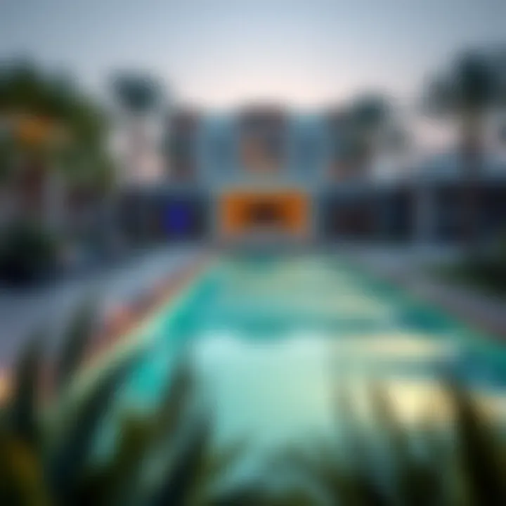 Luxurious swimming pool area adorned with tropical landscaping