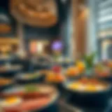 A vibrant breakfast spread featuring international dishes