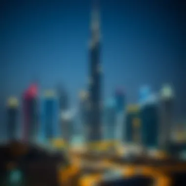 Burj Kayan at Night in Dubai Skyline Evening skyline of Dubai featuring Burj Kayan illuminated
