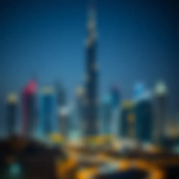Burj Kayan at Night in Dubai Skyline Evening skyline of Dubai featuring Burj Kayan illuminated