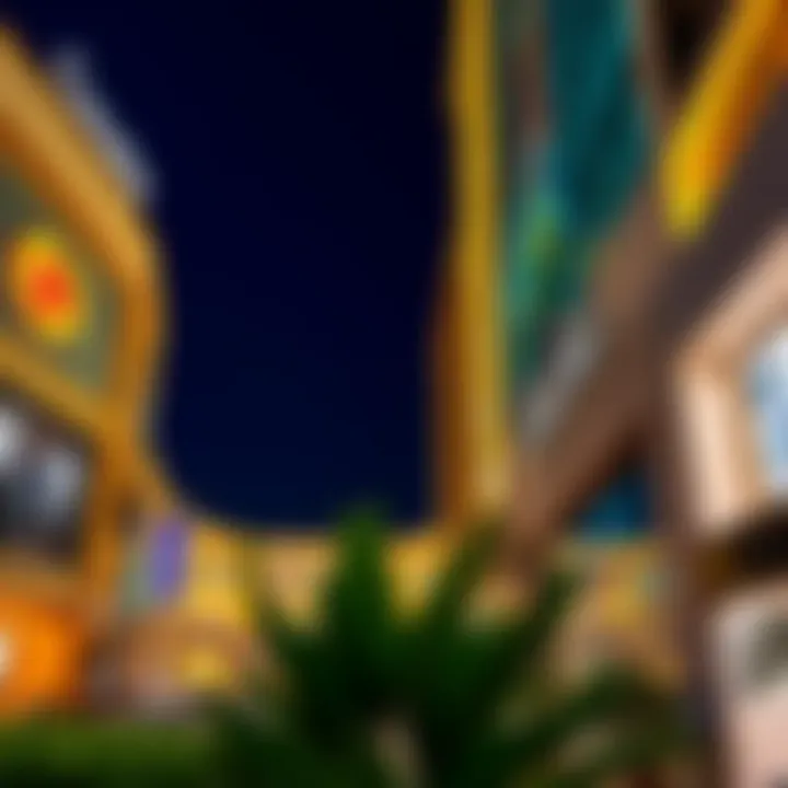 Panoramic view of Central Mall's exterior at night, illuminated