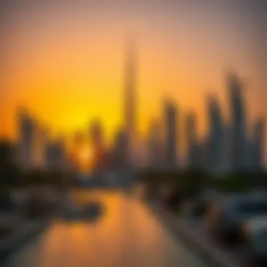 Dubai Skyline at Sunset A luxurious Dubai skyline at sunset