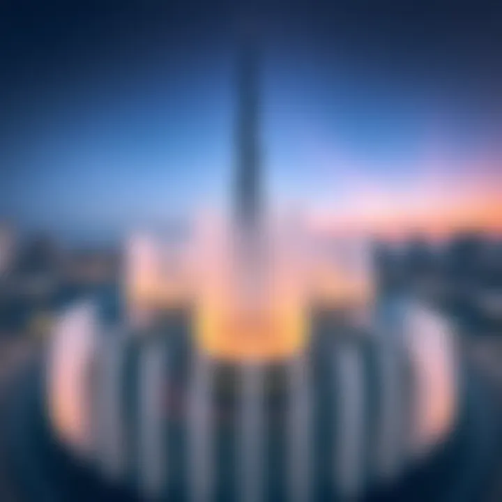 Aerial view of the fountain with Burj Khalifa in the background