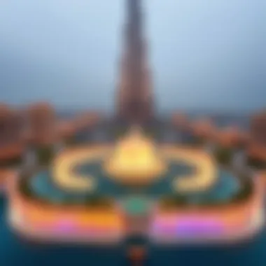 Aerial Perspective of the Fountain and Burj Khalifa An aerial perspective showcasing the fountain's layout and its connection to the Burj Khalifa