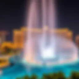 Panoramic view of the Dubai Fountain illuminated at night