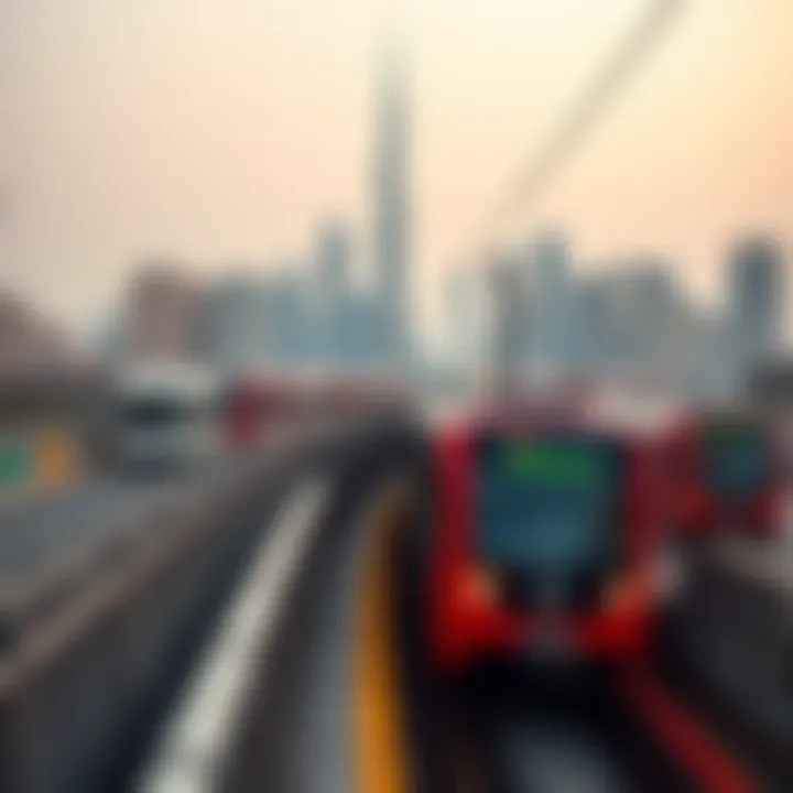 Dubai Skyline and Red Line Metro A panoramic view of the Dubai skyline with metro in the foreground