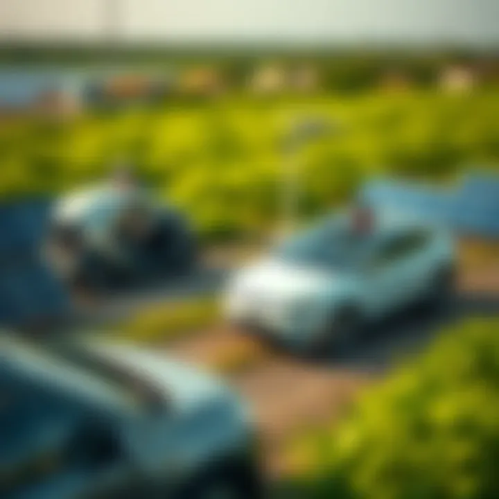 A green landscape with solar panels and electric cars highlighting sustainable transport solutions