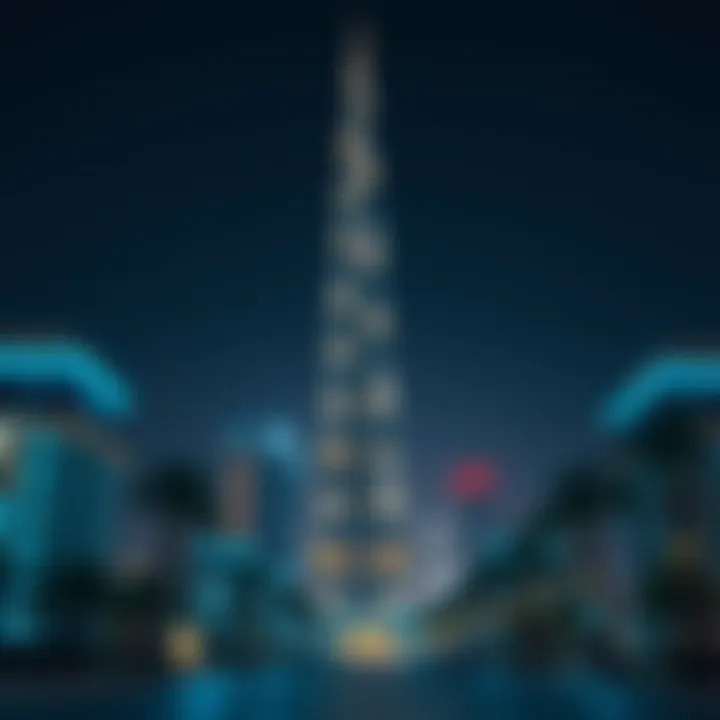 An evening view of Al Fajer Tower illuminated, representing its impact on Dubai's real estate market.