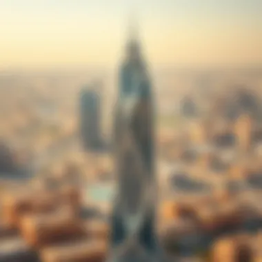 A panoramic view of Al Fajer Tower showcasing its unique architectural design against the Dubai skyline.