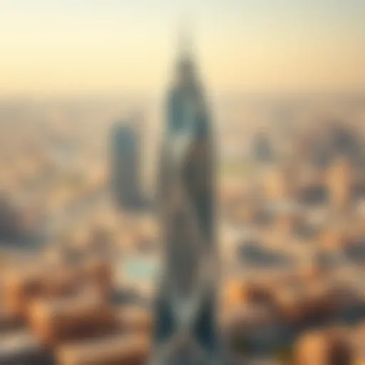 Panoramic View of Al Fajer Tower A panoramic view of Al Fajer Tower showcasing its unique architectural design against the Dubai skyline.