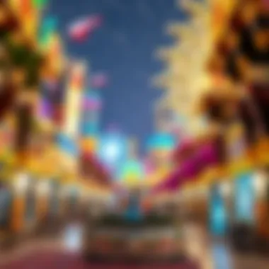 Themed Amusement Park in Dubai An overview of a themed amusement park in Dubai with dazzling lights and architecture