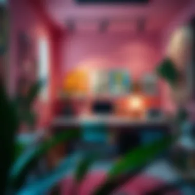 An artistic workspace filled with vibrant colors and inspiring decor.