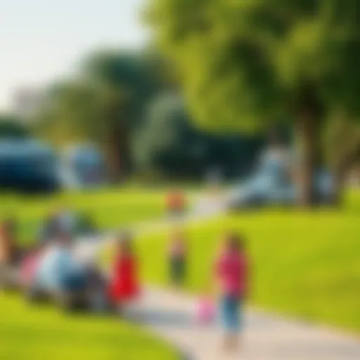 A vibrant green park in Dubai filled with families enjoying the outdoors