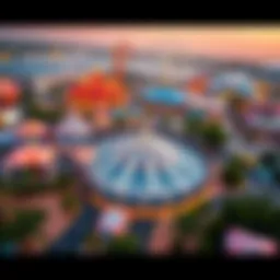 Aerial view of a vibrant amusement park in Dubai showcasing thrilling rides and attractions
