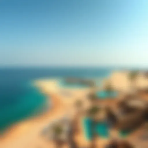 A panoramic view of Mamzar Beach showcasing its golden sands and turquoise waters