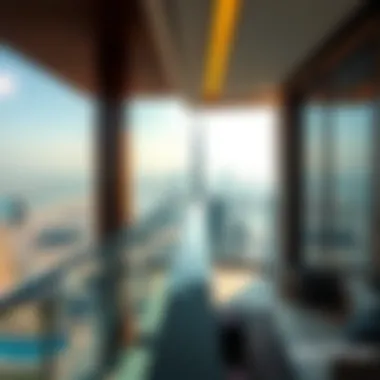 Panoramic view from a balcony of a high-end apartment overlooking Dubai skyline