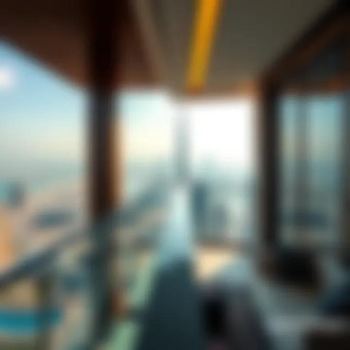 Panoramic view from a balcony of a high-end apartment overlooking Dubai skyline