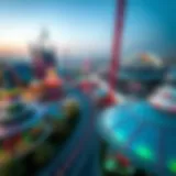 Futuristic Attractions at the Glitch Theme Park Aerial view of the Glitch Theme Park showcasing its futuristic attractions