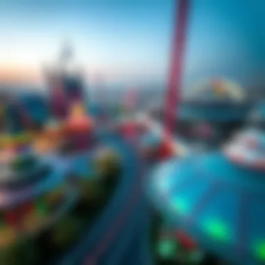 Futuristic Attractions at the Glitch Theme Park Aerial view of the Glitch Theme Park showcasing its futuristic attractions