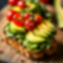 Avocado toast topped with cherry tomatoes and microgreens