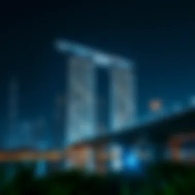Night view of Palm Towers illuminated against the Dubai skyline