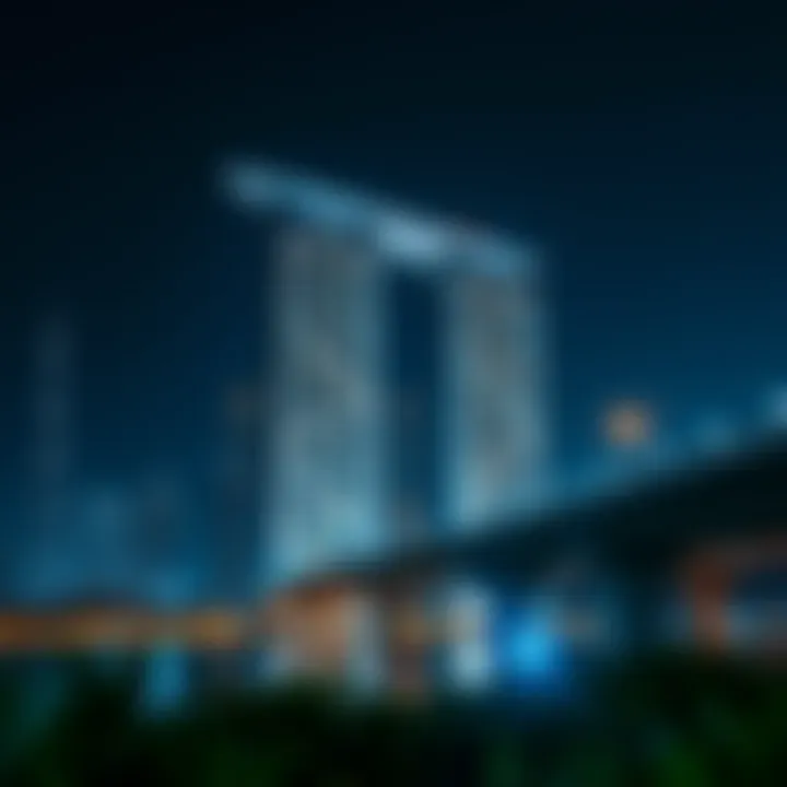 Night view of Palm Towers illuminated against the Dubai skyline