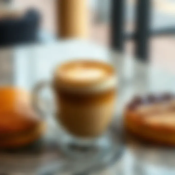 An elegantly presented artisan coffee with intricate latte art and a side of pastries