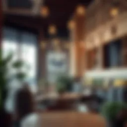 A cozy corner of a chic café in Jumeirah with plush seating and artistic decor