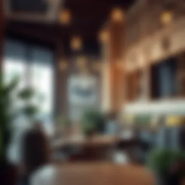 A cozy corner of a chic café in Jumeirah with plush seating and artistic decor