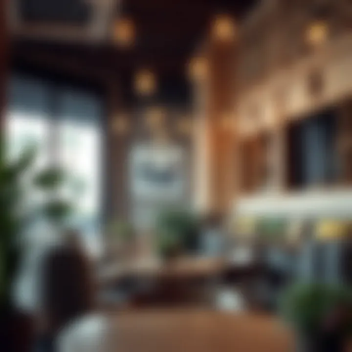 A cozy corner of a chic café in Jumeirah with plush seating and artistic decor