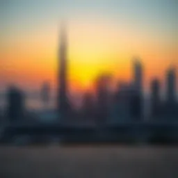 A stunning view of Dubai's skyline at sunset highlighting iconic architecture