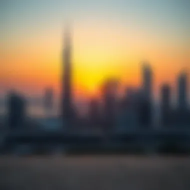 Dubai Skyline at Sunset A stunning view of Dubai's skyline at sunset highlighting iconic architecture