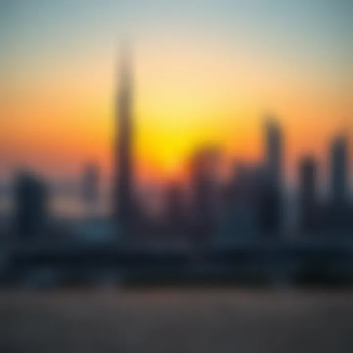 Dubai Skyline at Sunset A stunning view of Dubai's skyline at sunset highlighting iconic architecture