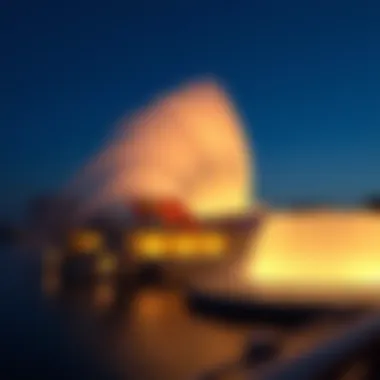 Evening view of the Dubai Fountain illuminated against the night sky