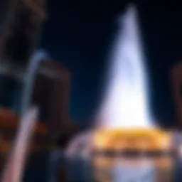 The majestic Dubai Fountain illuminated at night.