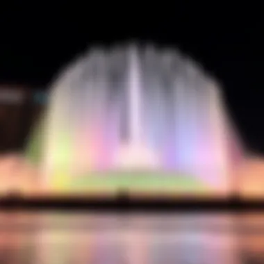 Vibrant Display during Performance A vibrant display of colors from the fountain during a scheduled performance.