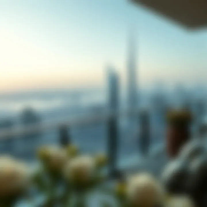 Panoramic view of Dubai skyline from residential balcony, emphasizing opulence