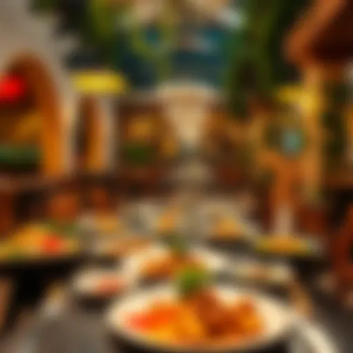 A vibrant dining setup showcasing an array of international dishes in Aljada