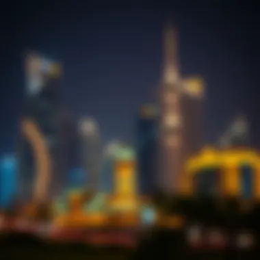 Night view of Dubai with illuminated buildings during Ramadan