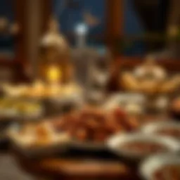 Traditional Iftar spread with dates and regional dishes