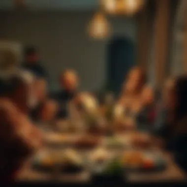 Friends and family gathered around a table, sharing a joyful iftar meal