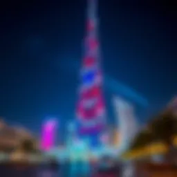 Burj Khalifa illuminated at night showcasing vibrant colors