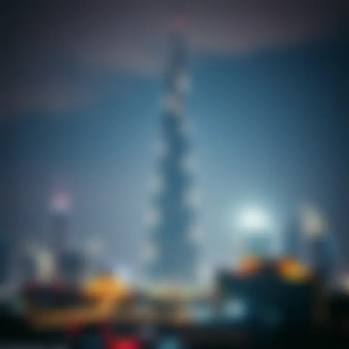 A panoramic view of the Burj Khalifa adorned with celebratory lights