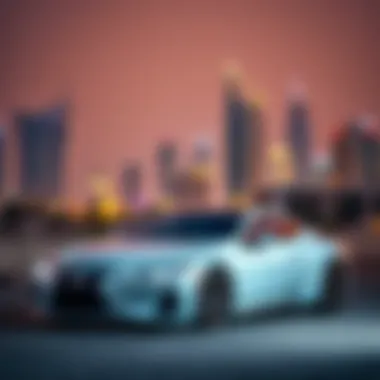 Luxury Cars in the UAE Market Luxury car parked in front of UAE skyline
