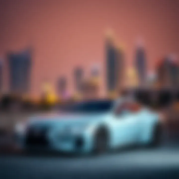 Luxury Cars in the UAE Market Luxury car parked in front of UAE skyline