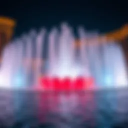 A mesmerizing view of the Dubai Mall musical fountain in action, showcasing its vibrant water and light display.