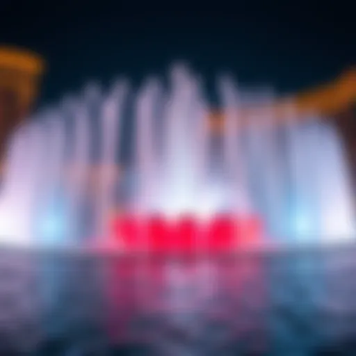 A mesmerizing view of the Dubai Mall musical fountain in action, showcasing its vibrant water and light display.